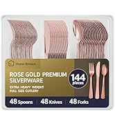 Home Breeze 144 Pack Rose Gold Premium Plastic Cutlery Disposable Silverware Set - 48 Forks, 48 K...