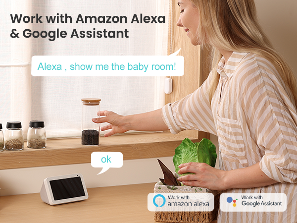 Smart home device on counter with speech bubble showing Alexa command. Woman in background interacting with the device.