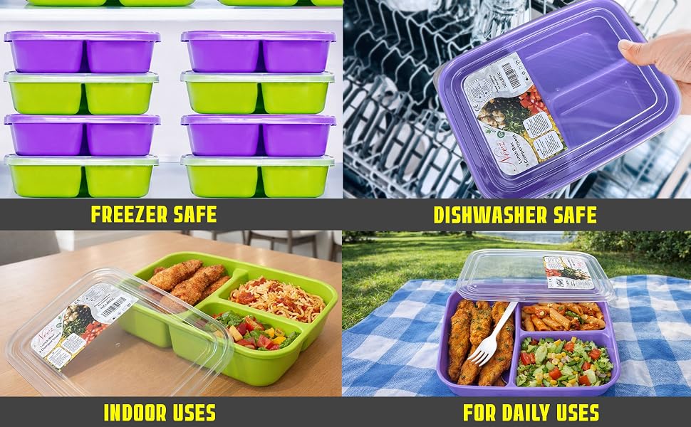 3 Compartment, Meal Prep Lunch Box with Lids, Microwave Safe & Sectioned Food Containers