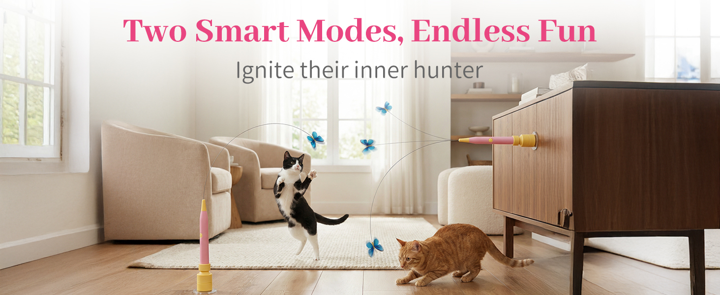 Focused kitties enjoy 2-mode suction butterfly toy, triggering natural hunting instincts.
