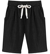 FABEILAI Women's Knee-Length Bermuda Casual Shorts with Elastic Waist Drawstring