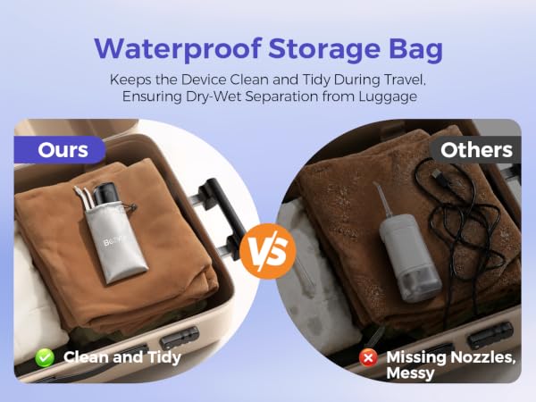 Text reads 'Waterproof Storage Bag,' 'Keeps the Device Clean and Tidy During Travel,' 'Ensuring Dry-Wet Separation from Leakage,' 'Ours,' 'Others,' 'Clean and Tidy,' 'Missing Nozzles, Messy.' Comparison showing brown storage bag with organized compartments versus competitor's design.