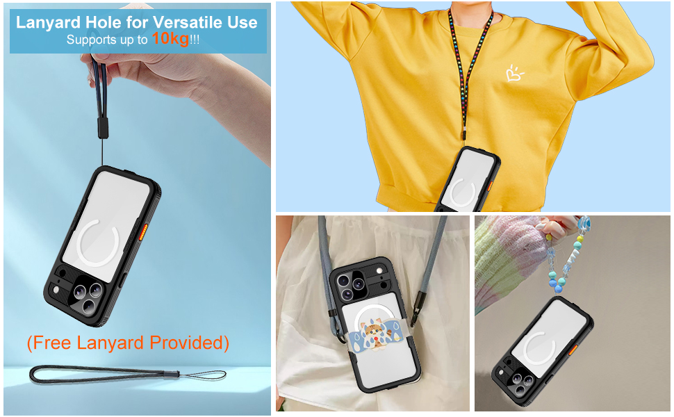 Lanyard-ready phone case (10kg capacity) with free lanyard for neck/wrist carry.