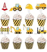 Hooqict 48 Pack Construction Cupcake Toppers and Wrappers Excavator Dump Truck Tractor Birthday P...