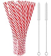 50 Pack 9 Inch Reusable Red & White Striped Plastic Straws,Holiday Candy Cane Straws for Christma...