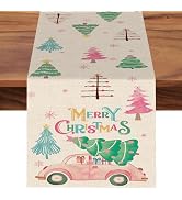 Croar Merry Christmas Tree Colorful Dining Table Runner, Pink Xmas Pine Trees Car Snowflake Burla...