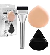 Flat Foundation Brush and Powder Puff Set, Korean Makeup Brush Teardrop Sponge for Liquid Foundat...