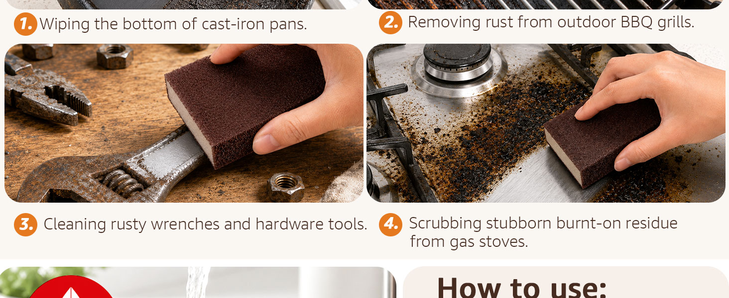 Carborundum sponge cleaning a cast-iron pan and an outdoor BBQ grill.