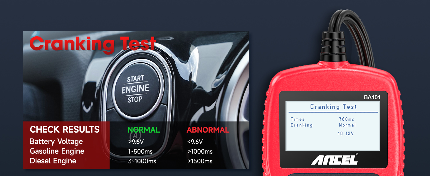 Cranking test with battery voltage and engine cranking time results