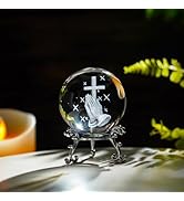 60mm 3D Laser Engraved Hand Holding A Cross Crystal Ball Figurine with Stand Christian Collectibl...