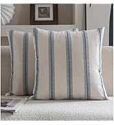 Cethom Boho Throw Pillow Covers 18x18 Set of 2, Beige and Blue Striped Decorative Pillow Cases fo...
