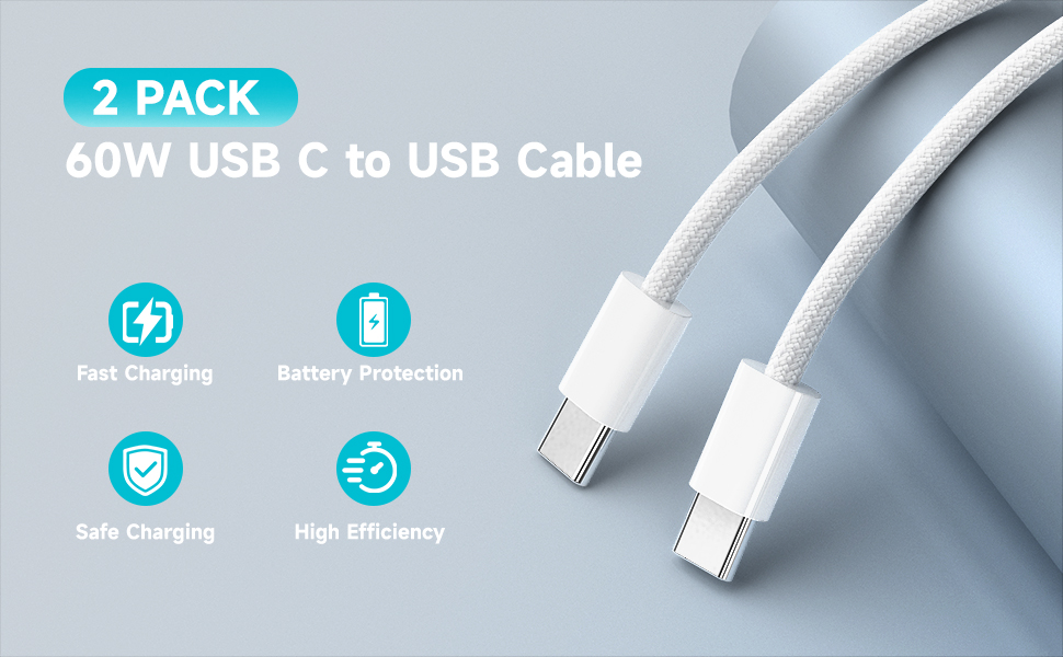 Text reads '2 PACK' and '60W USB-C to USB Cable' with icon indicators. Two white USB-C charging cables displayed on light blue background.