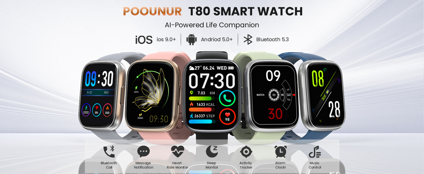 Multiple smartwatch interface displays showing various digital watch faces with time, health metrics, and activity tracking information.