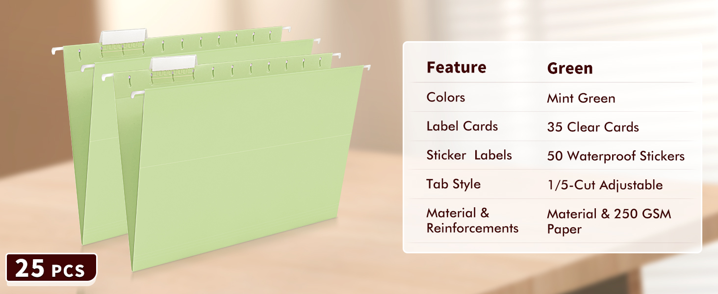 green hanging file folders