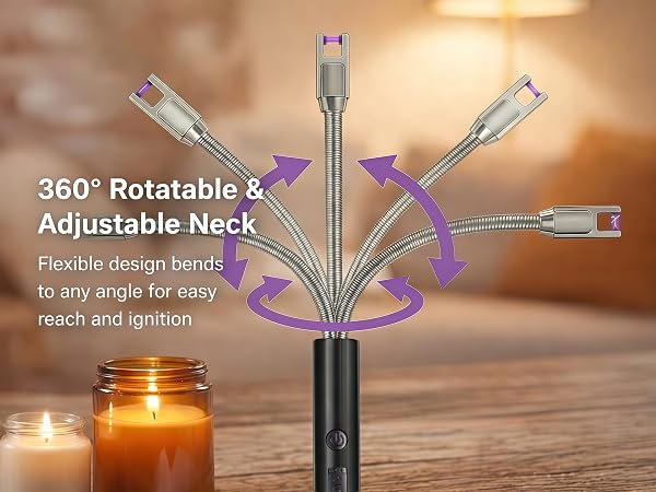 Full view of a long black electric candle lighter with a flexible metal neck bent into a curve.