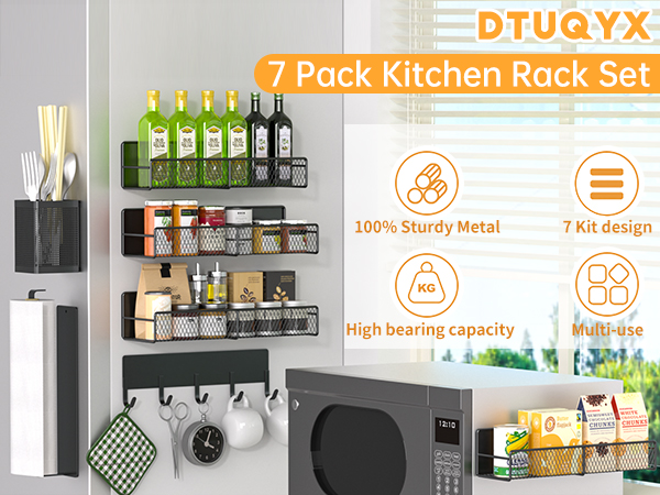 Magnetic Spice Rack for Refrigerator, 7 Pack 100% Metal Strong Magnet Shelf Black,Spice Organizer