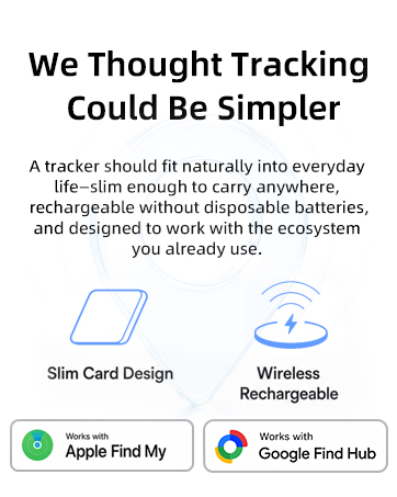 Slim rechargeable card tracker that works with Apple Find My or Google Find Hub