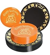 ISFANGCO 60 PCS Plastic Spoof Plates Set for 30 Guests-30 Black Dinner Plates with Gold Ghost Spi...