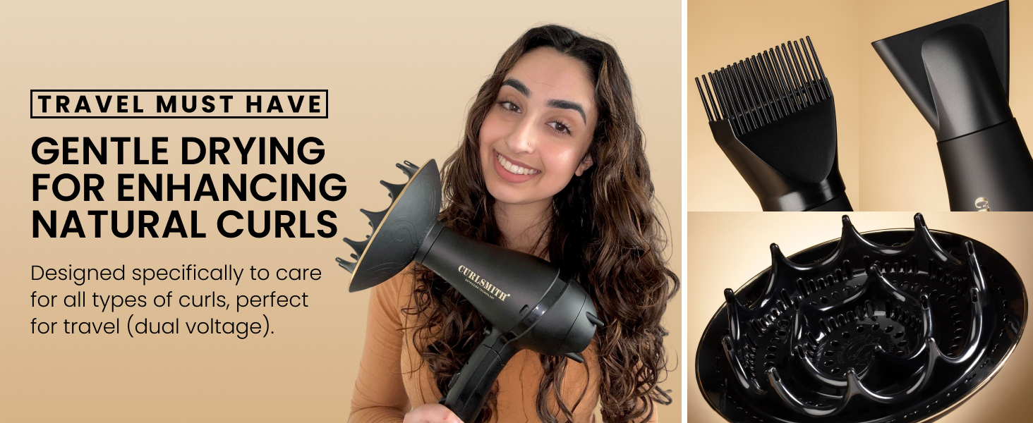 travel must have - gentle drying for enhancing natural curls; dual voltage