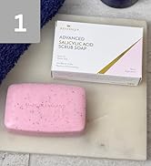 Text reads 'Advanced Cleansing'. Pink rectangular soap bar or cleansing block displayed next to product box with instructions.