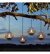 Solar Hanging Lanterns Outdoor Waterproof, Rust Iron Ball Candle Holder with Flickering Solar Pow...