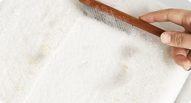 Close-up of a hand using a wooden-handled brush to clean a white textured surface, possibly fabric or carpet.