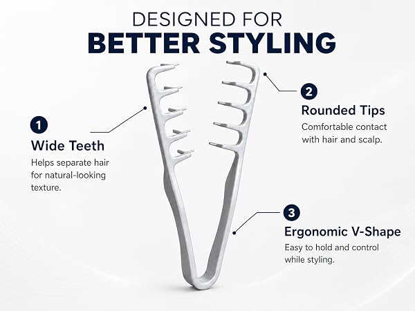 Wide-tooth V-shaped comb with rounded tips for comfortable styling control.