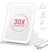 Auxmir Travel Makeup Mirror with 30X Magnification & 3 Dimmable Color Light, Foldable Rechargeabl...