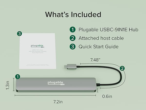 usb c hub pluggable with host cable quick start guide and 7.2in by 1.3in dimensions