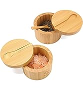 Bamboo Salt Cellar with Spoon by HTB, Kitchen Spice Containers with Magnetic Swivel Lids, 2 Seaso...