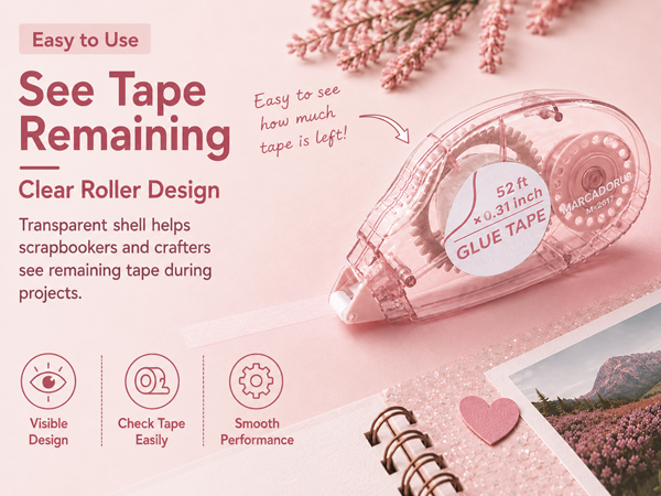Smooth tape runner applying clean adhesive to paper, photos, scrapbook pages and handmade cards.