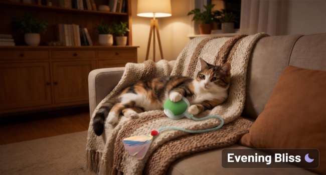 Green smart cat ball toy relaxing evening play on sofa for calico cat quiet companion