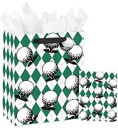 Loveinside Golf Gift Bag for Men, Green Argyle Pattern with Golf Ball Design, Medium Size Gift Ba...