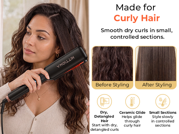 HITTIONA ceramic flat iron hair straightener for curly hair with dry detangled styling sections