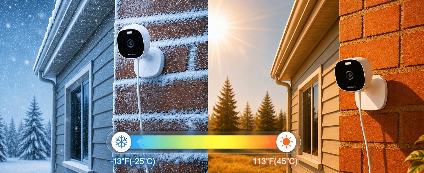 Two security cameras mounted on house exteriors in winter and autumn settings. Left camera on snowy brick building with forest background. Right camera on orange brick wall. Both showing day/night capability.