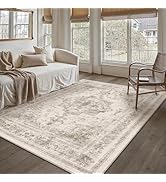 PureCozy Area Rug 6x9 Beige Washable Living Room Carpet Non Slip Vintage Medallion Indoor Bedroom...