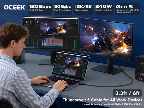 Thunderbolt 5 Cable 80Gbps Data Transfer 240W Charging 120Gbps Video Bandwidth 16K video for iPhone
