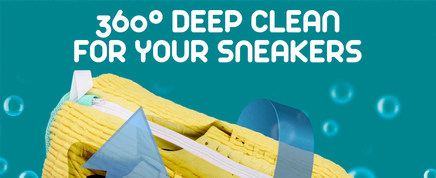 Text reads '360° DEEP CLEAN' and 'FOR YOUR SNEAKERS'. Repeated marketing image of yellow cleaning sponge with blue rotation arrows.
