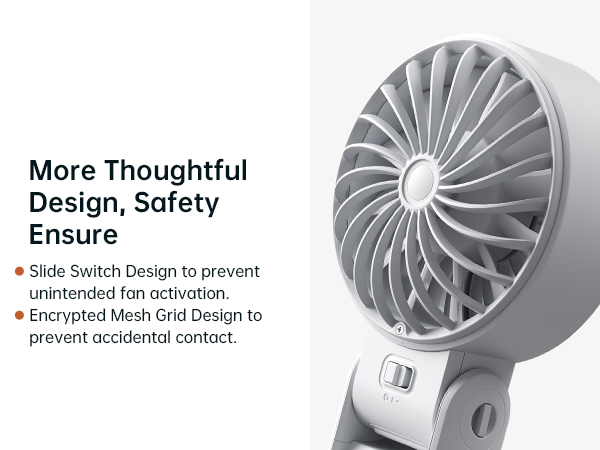 White handheld fan with spiral blade design. Text highlights 'More Thoughtful Design, Safety Ensure' with features like slide switch and encrypted mesh grid.