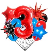 40 Inch 3 Balloon Number, Blue Red and Black Balloons, Spider Theme Balloon Star Balloons, Confet...