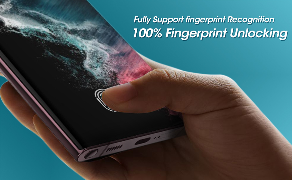 Close-up demonstration of fingerprint recognition technology on a smartphone screen, showing finger placement on display with turquoise background.