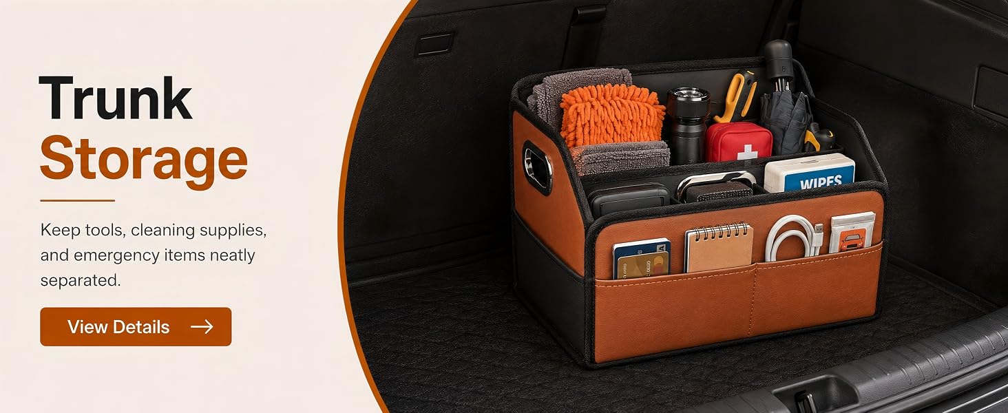 Trunk car organizer box for emergency kit, cleaning supplies, SUV cargo storage