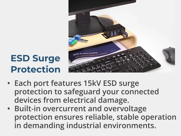 Desk-mounted powered USB hub with ESD surge protection, safeguarding connected computer accessories