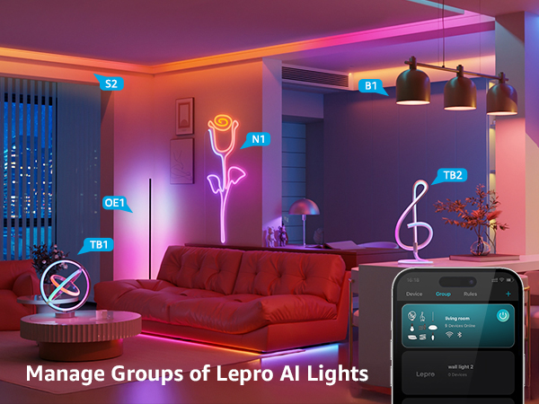 Text reads 'Manage Groups of Lepro AI Lights'. Multiple interior scenes showing rooms with purple and blue LED accent lighting, demonstrating smart lighting control system interface.