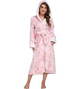 RONGTAI Womens Plush Fleece Hooded Bathrobe, Thick Nightgown Long Robe Sleepwear with Two Side Po...