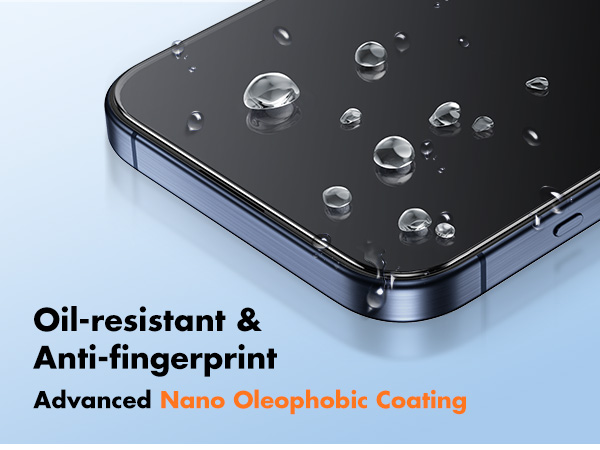 Close-up of black smartphone surface displaying water droplets, demonstrating oil-resistant and anti-fingerprint nano oleophobic coating technology.