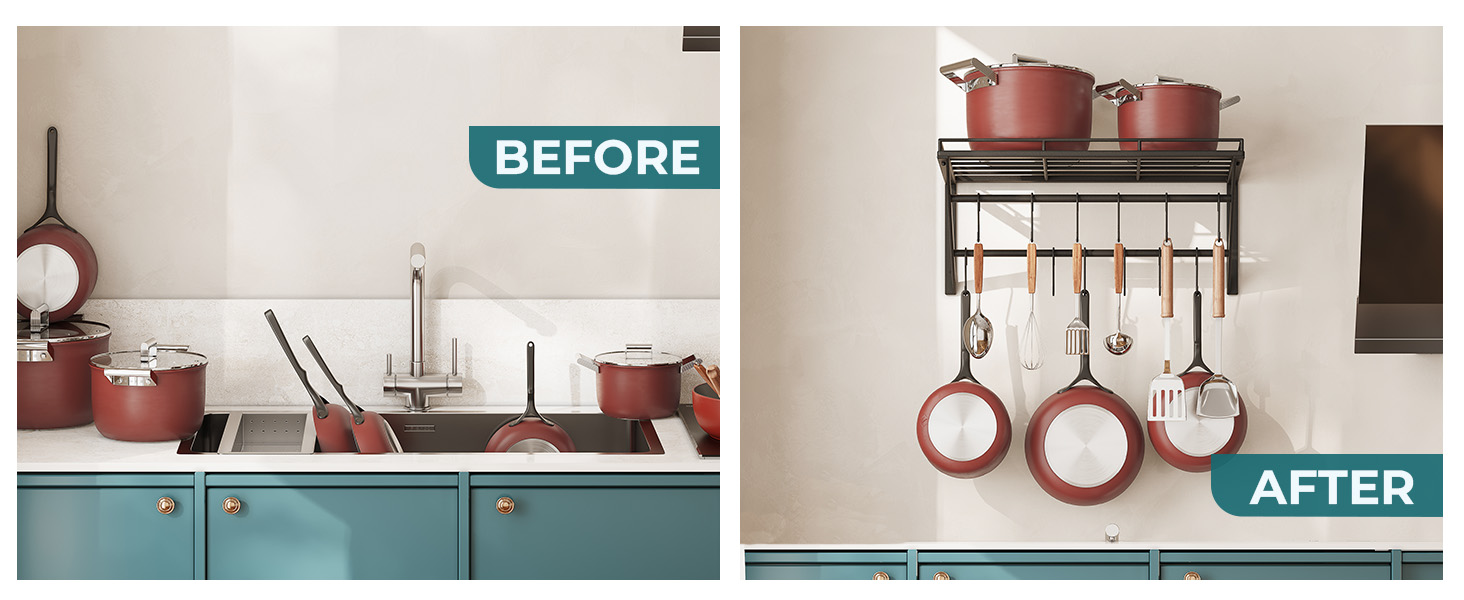 a kitchen with a sink and a shelf with pots and pans.