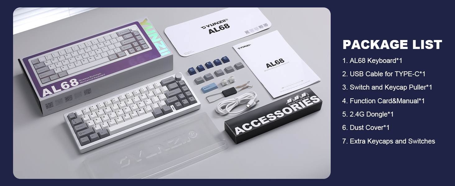 Text visible: 'PACKAGE LIST'. Multiple product shots of a white mechanical keyboard with detailed specifications shown. Marketing presentation layout showing different angles of the keyboard.