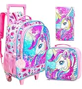 ZLYERT 3Pcs Unicorn Rolling Backpack for Girls, Kids School Backpacks with Wheels, Roller Bookbag...