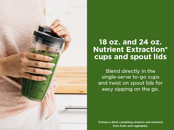 Blend directly in the single-serve to-go cups and twist on spout lids for easy sipping on the go.